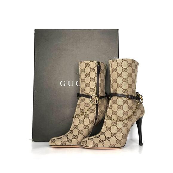 Vintage Gucci GG Monogram Horsebit Harness Ankle High Heeled Boots 5 - Picture 2 of 11